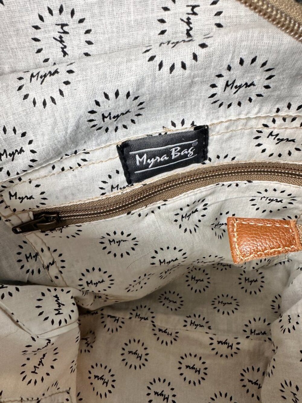 Myra Bag Tooled Leather Canvas Backpack Brown White Gray Embossed Floral - Picture 8 of 11